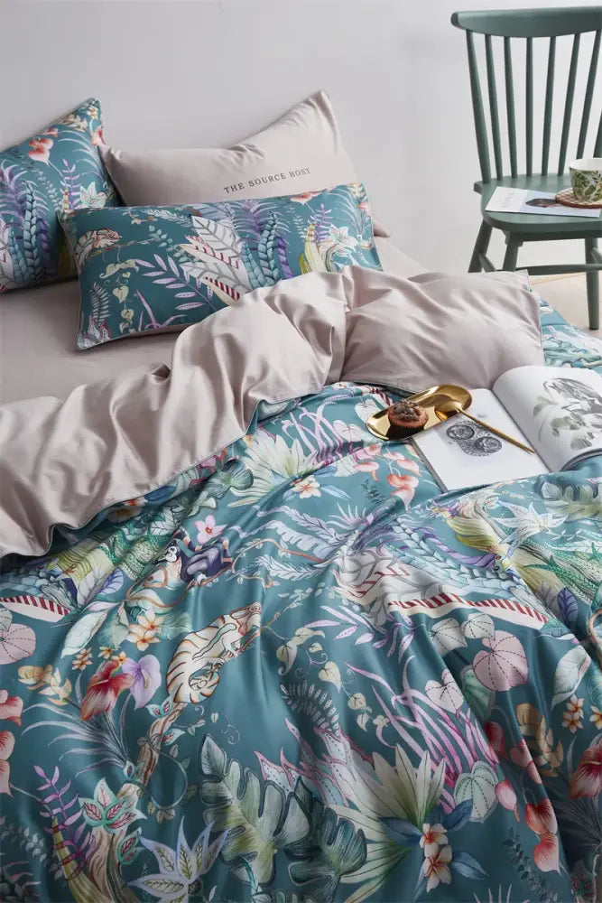 Teal satin duvet cover with vibrant flamingo leaf pattern in egyptian cotton decorbites luxury bedding set pieces pillowcases