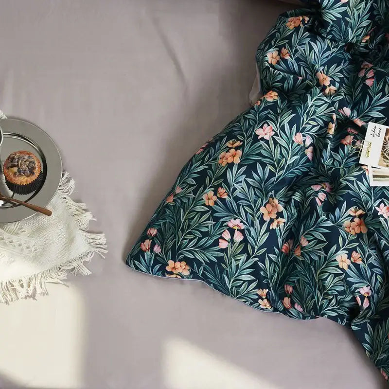 Decorbites luxury egyptian cotton duvet cover and pillowcases set in dark teal with vibrant flamingo leaf botanical print