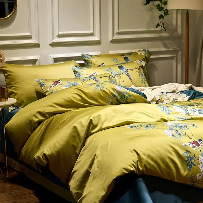 Olive green satin egyptian cotton duvet cover set with bird and floral embroidery and matching pillowcases by decorbites