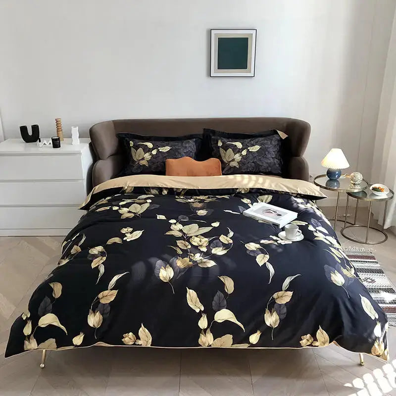 DecorBites luxury egyptian cotton duvet cover set in black satin with gold leaf pattern and matching pillowcases