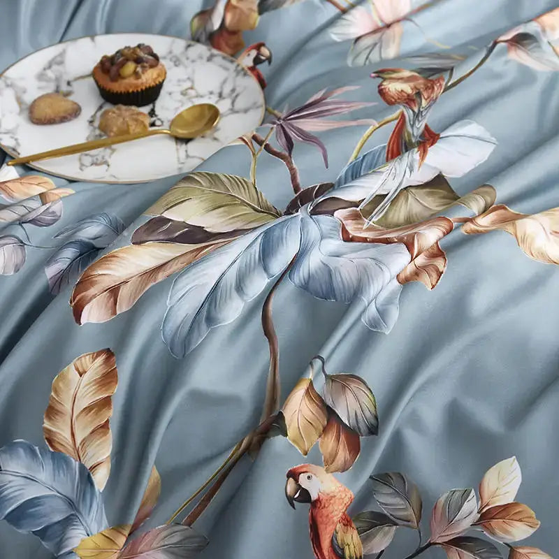 DecorBites™ luxury egyptian cotton duvet cover set in light blue with tropical parrot and leaf print pillowcases