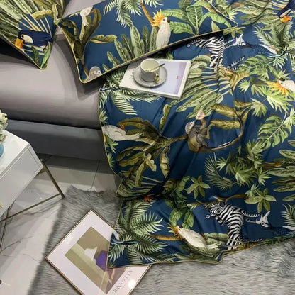Decorbites luxury egyptian cotton duvet cover set with vibrant blue tropical foliage toucans and zebras pattern