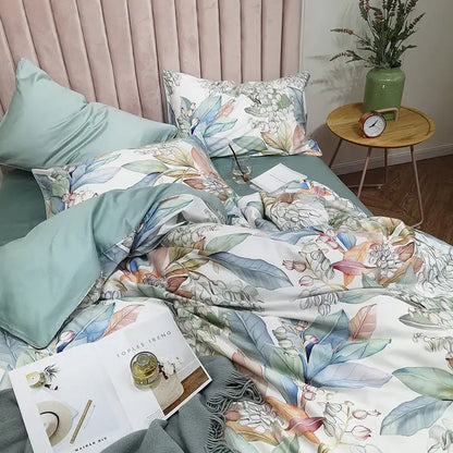 Decorbites luxury egyptian cotton duvet cover with soft mint green satin and delicate watercolor botanical print