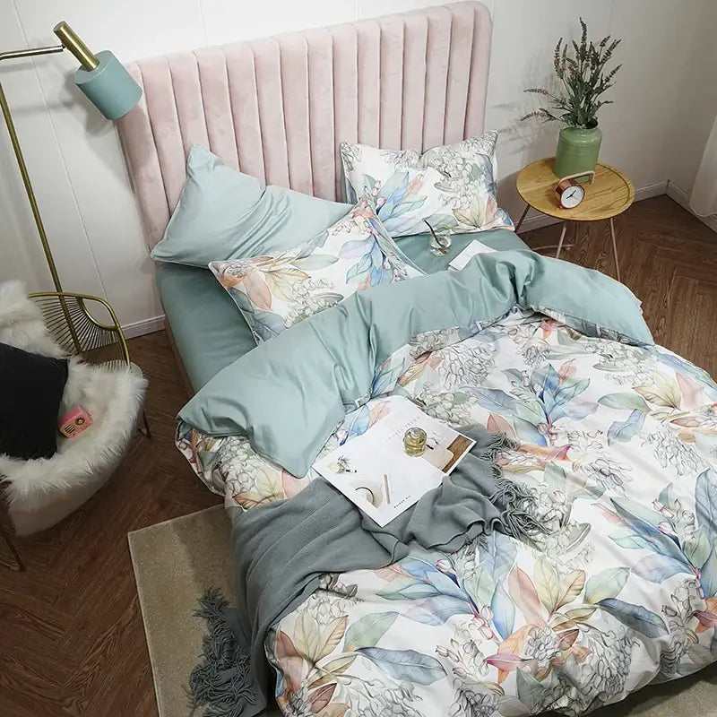 DecorBites luxury Egyptian cotton duvet cover set in soft mint green with flamingo leaf pattern includes pillowcases