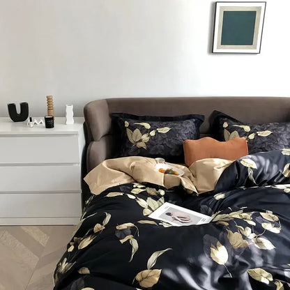 Black satin egyptian cotton duvet cover with gold leaf pattern from decorbites luxury bedding set including pillowcases