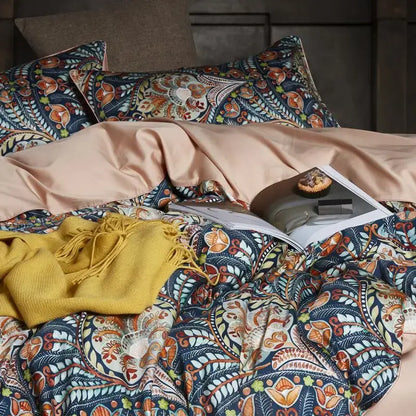 Decorbites luxury egyptian cotton duvet cover with colorful navy blue orange cream paisley pattern on satin fabric