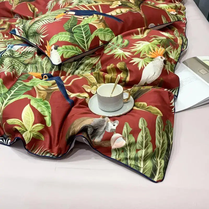 DecorBites™ luxury egyptian cotton duvet cover with vibrant green leaves and colorful birds in red satin finish