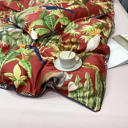 DecorBites™ luxury egyptian cotton duvet cover with vibrant green leaves and colorful birds in red satin finish