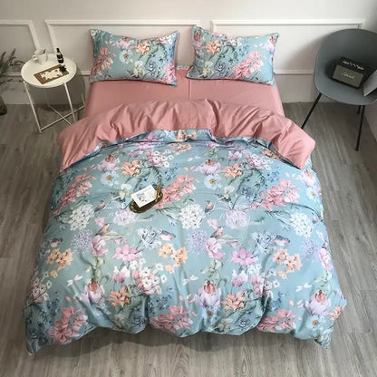 Decorbites luxury egyptian cotton duvet cover set with pastel blue floral pattern pink accents and satin finish