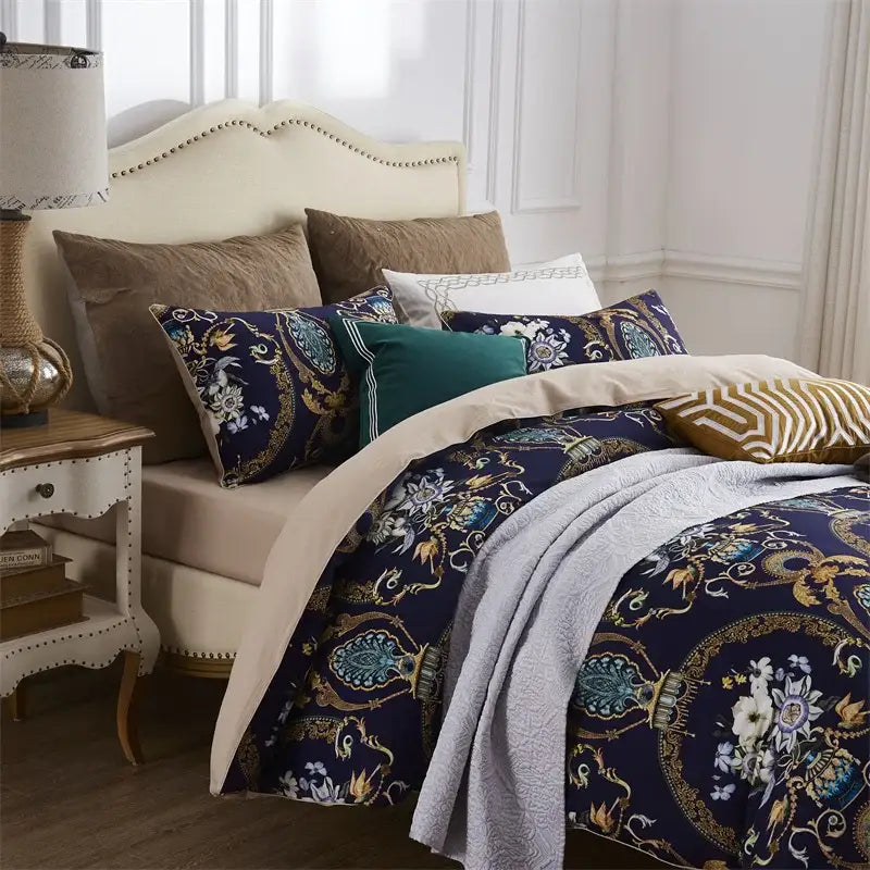 DecorBites™ luxury egyptian cotton duvet cover with navy floral baroque pattern and coordinating earthy pillowcases pieces