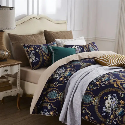 DecorBites™ luxury egyptian cotton duvet cover with navy floral baroque pattern and coordinating earthy pillowcases pieces