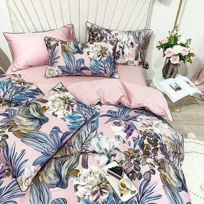 DecorBites Luxury Egyptian cotton duvet cover set with pink floral flamingo leaf pattern and blue white pillowcases