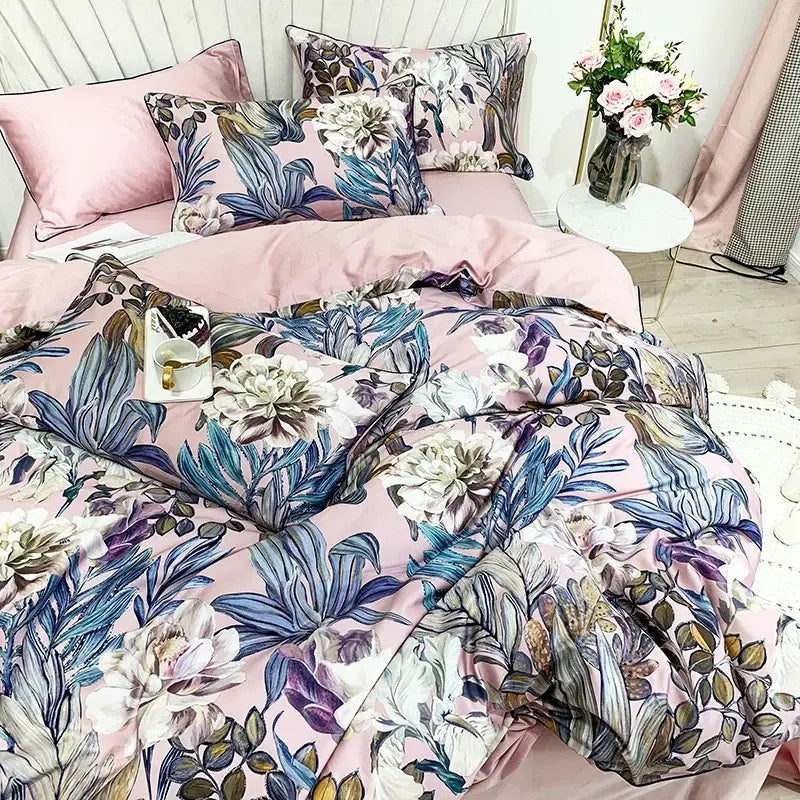 Pink floral duvet cover with blue white purple leaves in egyptian cotton from DecorBites luxury bedding set Flamingo Leaf