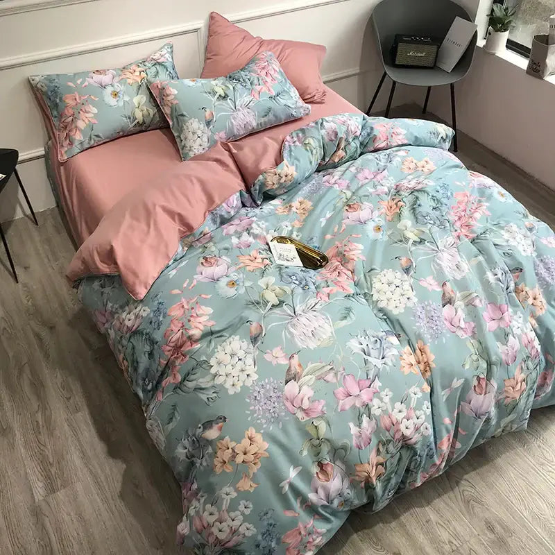 DecorBites luxury egyptian cotton duvet cover set in soft mint green with floral birds print and matching pillowcases