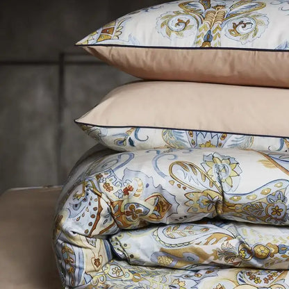 DecorBites luxury egyptian cotton duvet cover and pieces pillowcases set in cream gold blue paisley pattern on soft fabric