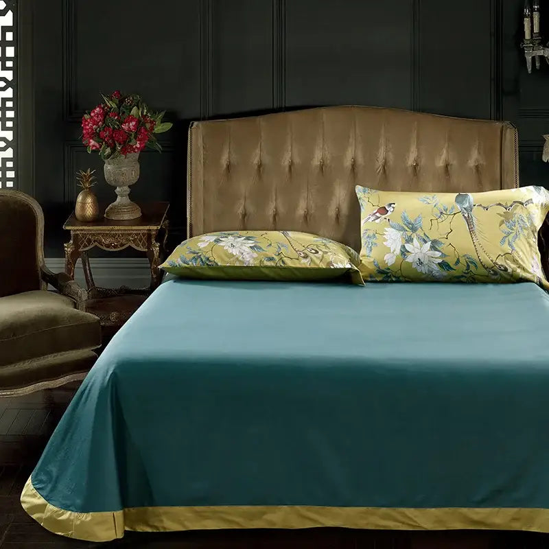 Teal satin duvet cover with gold trim and floral egyptian cotton pillowcases from decorbites luxury bedding set