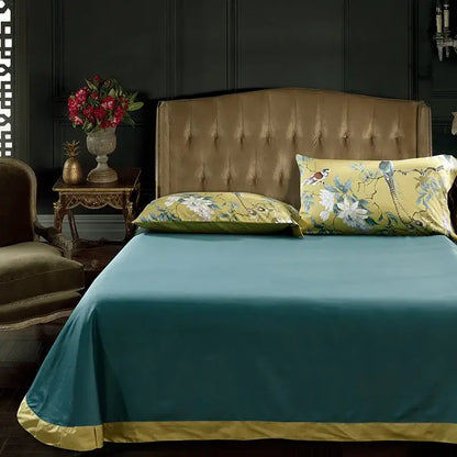 Teal satin duvet cover with gold trim and floral egyptian cotton pillowcases from decorbites luxury bedding set