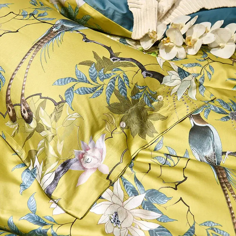 DecorBites luxury egyptian cotton duvet cover in vibrant yellow with blue and green birds blossoms and foliage design