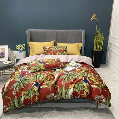 Vibrant red duvet cover and pillowcases set featuring toucans and parrots on soft Egyptian cotton fabric