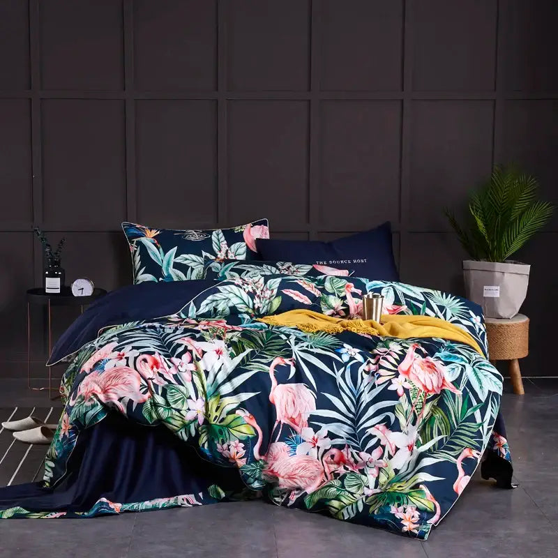 DecorBites™ luxury Egyptian cotton duvet cover set with flamingo leaf design and matching pillowcases in navy and yellow