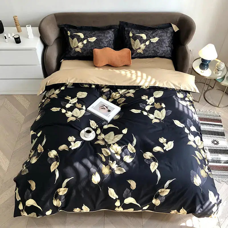 Black satin duvet cover with gold leaf pattern and matching pieces pillowcases 48*74cm from decorbites™ luxury set