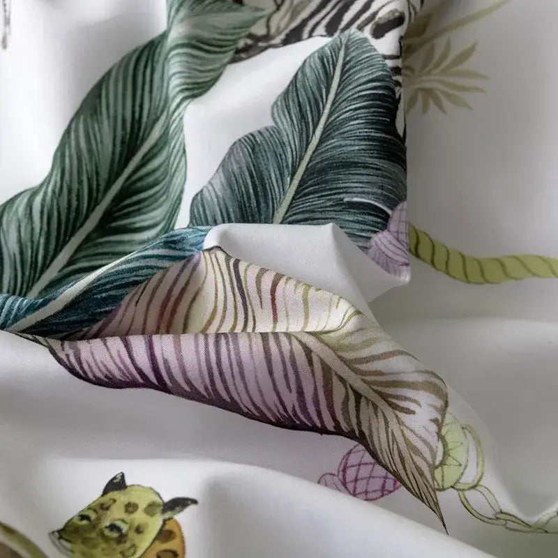 Decorbites luxury egyptian cotton duvet cover and pillowcases with white fabric tropical print of green banana leaves zebra stripes and pink tiger stripes