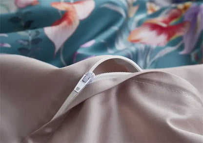 Beige satin pillowcase with white zipper closure from decorbites™ luxury egyptian cotton bedding set with flamingo print