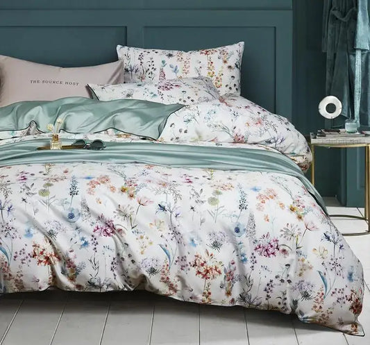 Decorbites™ luxury egyptian cotton duvet cover and pillowcases set with soft pastel floral flamingo print