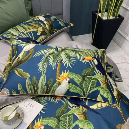 DecorBites luxury egyptian cotton pillowcase in blue with tropical parrots and green foliage for duvet cover sets