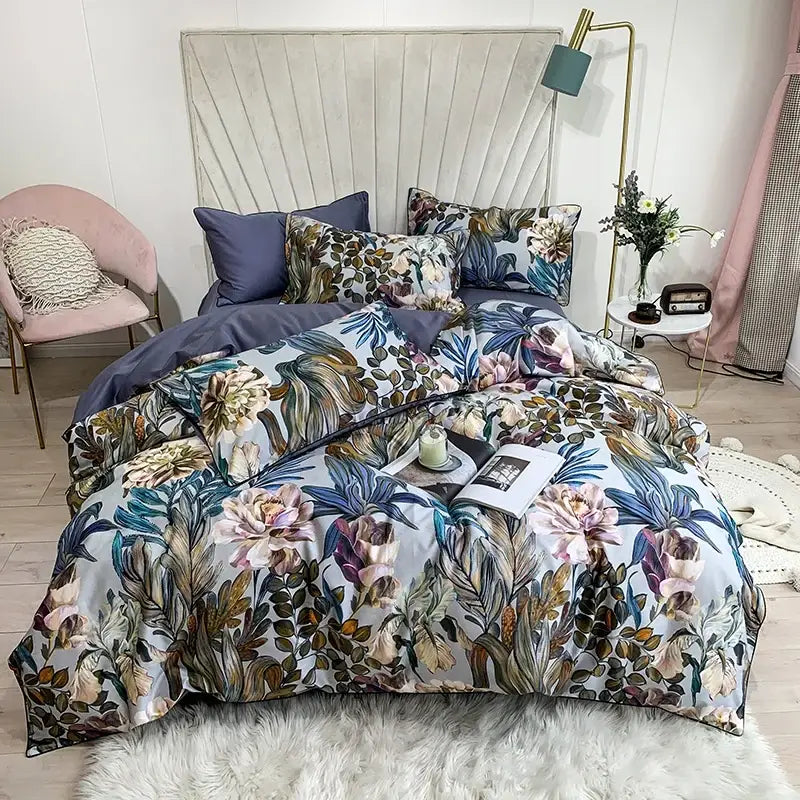 Decorbites™ luxury egyptian cotton duvet cover set with flamingo print and botanical pastel floral pillowcases