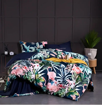 Decorbites luxury egyptian cotton duvet cover set with pink flamingo and green tropical leaf pattern in navy blue