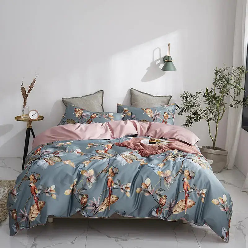 DecorBites™ luxury egyptian cotton duvet cover set with blue floral design pink satin lining and matching pillowcases
