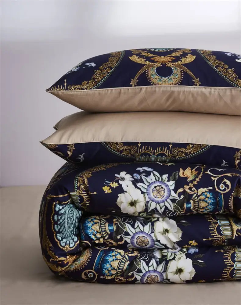 Decorbites luxury egyptian cotton duvet cover with dark blue satin finish and intricate gold and white floral patterns