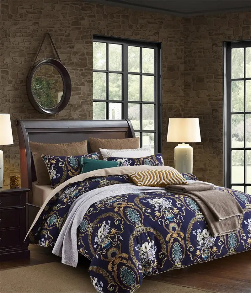 Navy blue quilted comforter set with intricate gold and teal floral paisley patterns in egyptian cotton duvet cover pieces pillowcases