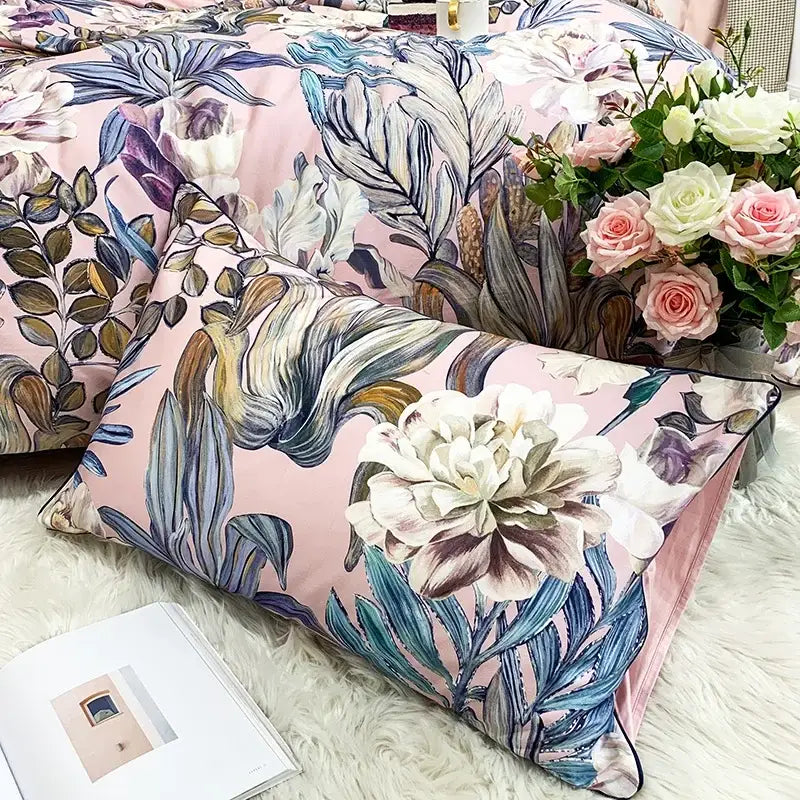 Pink pillow with detailed blue white and purple floral pattern from decorbites™ luxury egyptian cotton duvet cover set