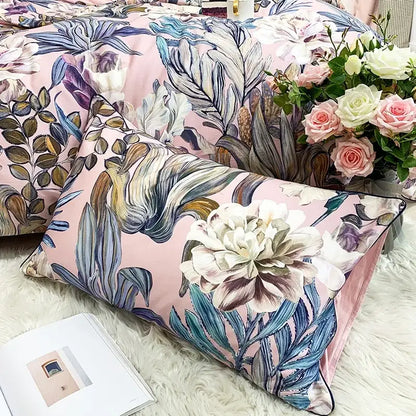 Pink pillow with detailed blue white and purple floral pattern from decorbites™ luxury egyptian cotton duvet cover set