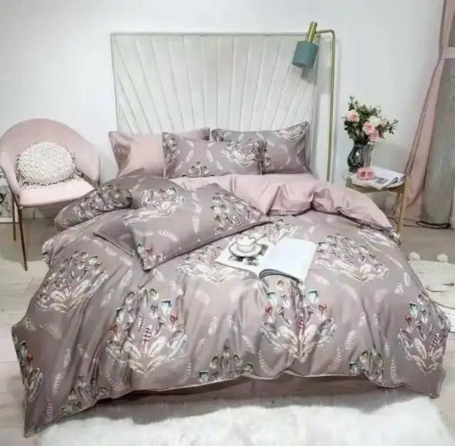 DecorBites luxury egyptian cotton duvet cover set in soft mauve with floral pattern and matching pieces pillowcases