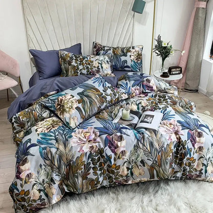 DecorBites™ luxury Egyptian cotton duvet cover with pastel floral botanical print on light gray background and matching pillowcases