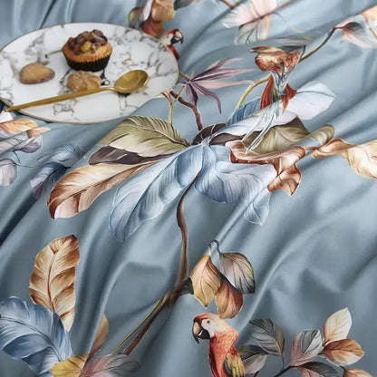 Decorbites luxury egyptian cotton duvet cover in light blue satin with tropical parrot print and matching pieces pillowcases