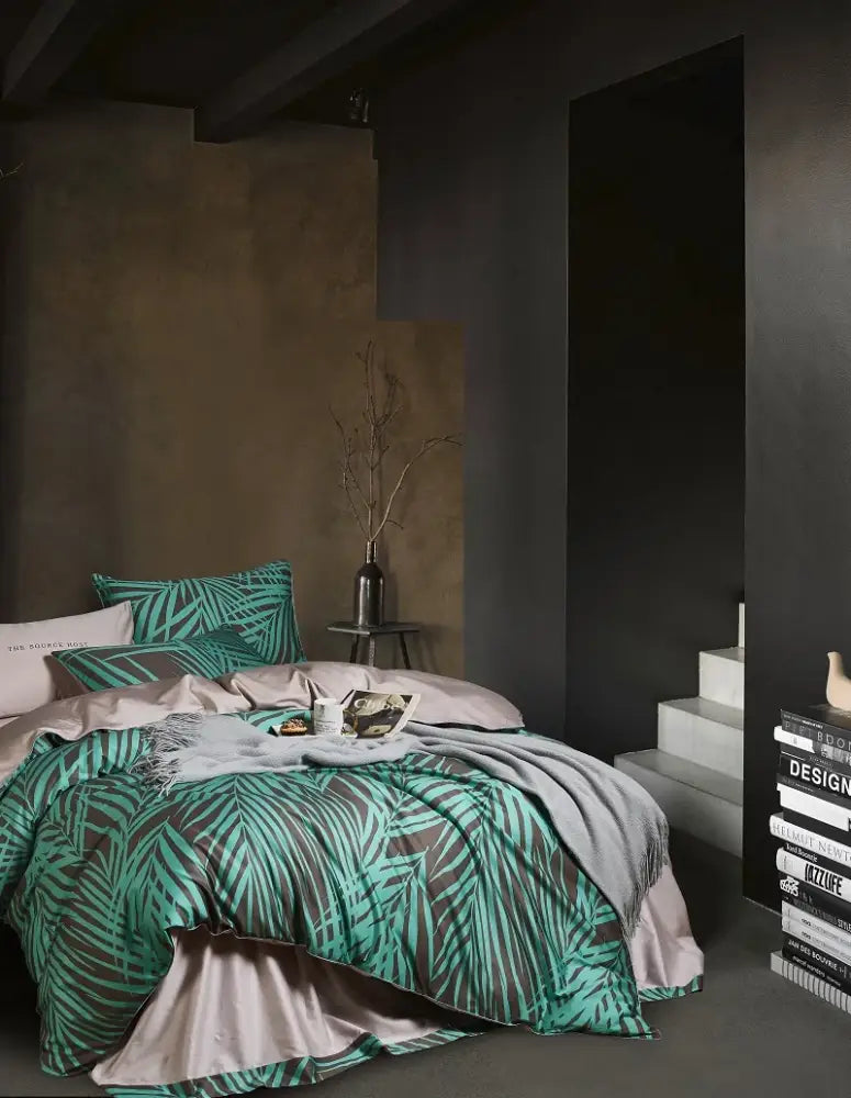 Decorbites luxury egyptian cotton duvet cover set in teal and brown tropical leaf pattern with satin trim includes pillowcases