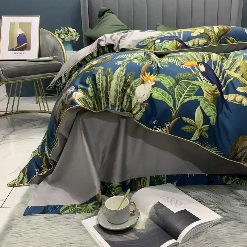 Decorbites luxury egyptian cotton duvet cover with blue tropical leaves toucans satin finish and gray lining piece duvet cover