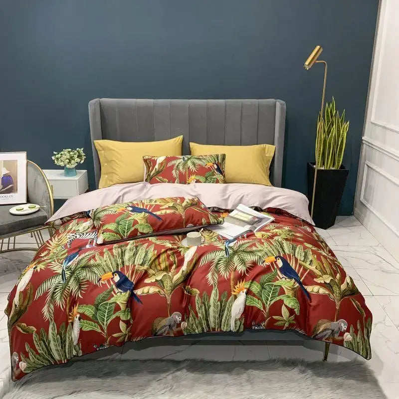 Vibrant red tropical-themed 3 piece duvet cover set with toucans and parrots on luxury egyptian cotton fabric