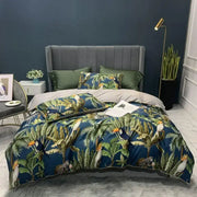 DecorBites luxury flamingo leaf king size duvet cover set features blue tropical bird and foliage pillowcases