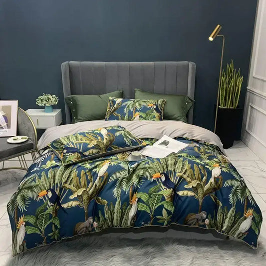 DecorBites luxury flamingo leaf king size duvet cover set features blue tropical bird and foliage pillowcases