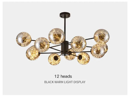 Black DecorBites™ luxury glass ball nordic chandelier with twelve textured glass spheres emitting warm light, remote control