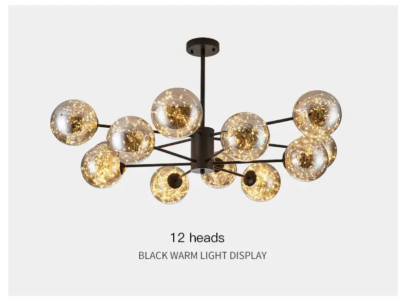 Black DecorBites™ luxury glass ball nordic chandelier with twelve textured glass spheres emitting warm light, remote control