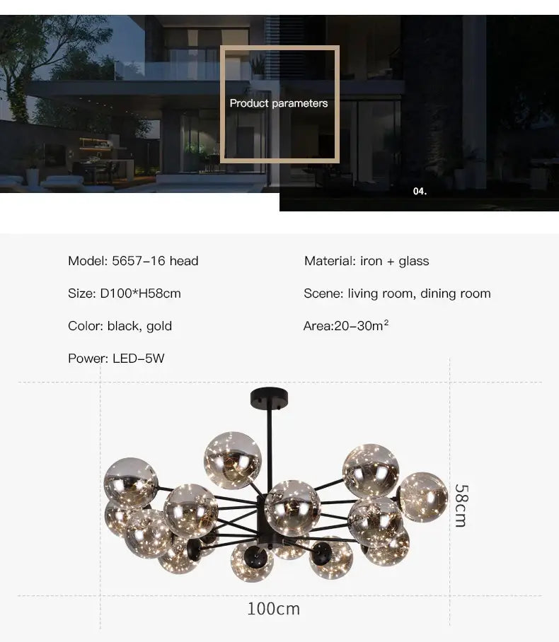 Decorbites luxury glass ball nordic chandelier with black and gold iron frame and warm light dimmable by remote control