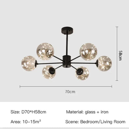 Black iron decorbites luxury glass ball nordic chandelier with six reflective spheres and warm light dimmable by remote control