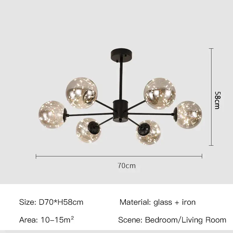 Black iron decorbites luxury glass ball nordic chandelier with six reflective spheres and warm light dimmable by remote control