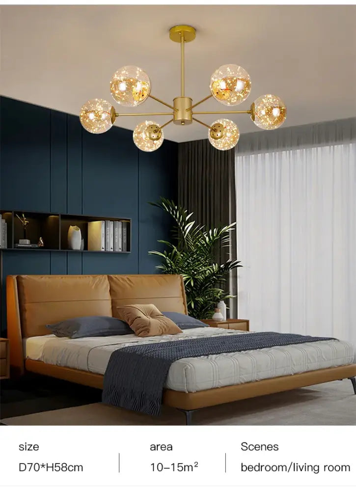 Gold-toned DecorBites™ luxury glass ball nordic chandelier with six dimmable spherical globes and warm light remote control